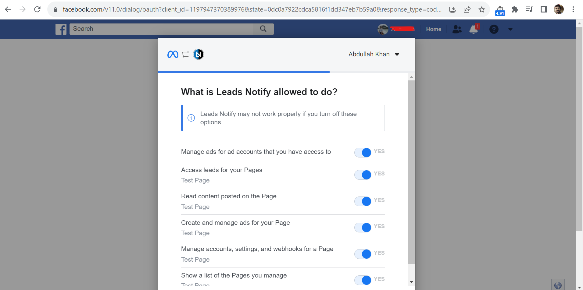 Facebook permission request screen showing required permissions for LeadsNotify to send lead email alerts.