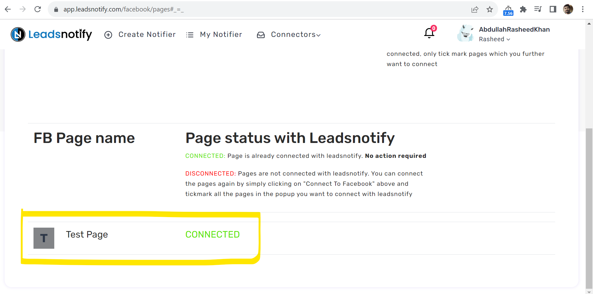 LeadsNotify portal showing Facebook page status as 'Connected' after successful authorization.