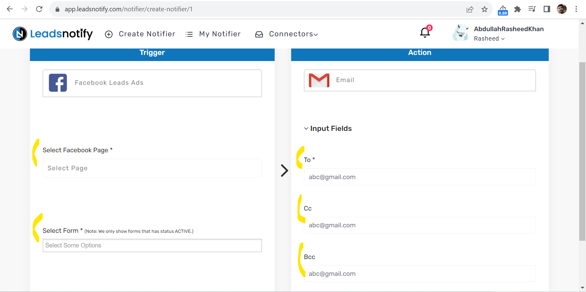 Main setup inputs for creating a notifier in LeadsNotify: Facebook Page, Page Forms, Email To, Email CC, and Email BCC fields.