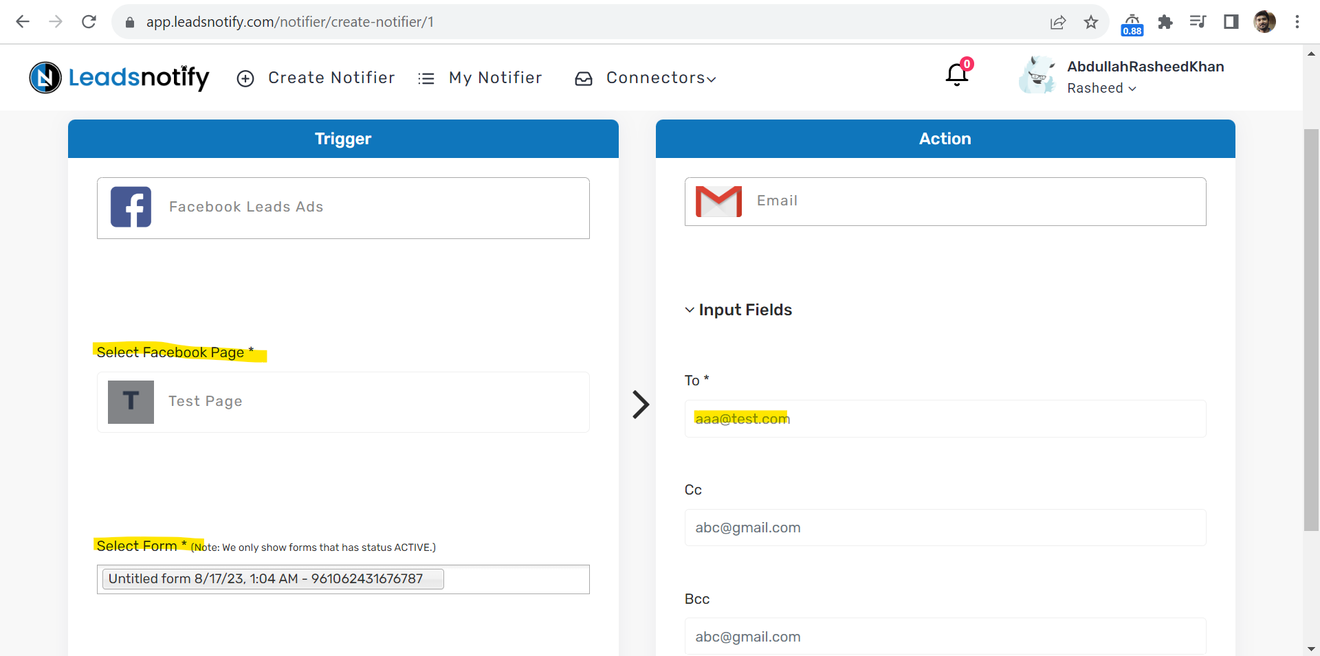 Notifier setup in LeadsNotify with selected Facebook Page, multiple forms, and email settings.