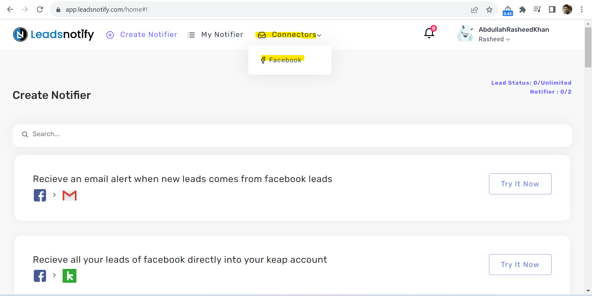 Screenshot of the Leads Notify portal showing where to connect Facebook under the Connectors section.