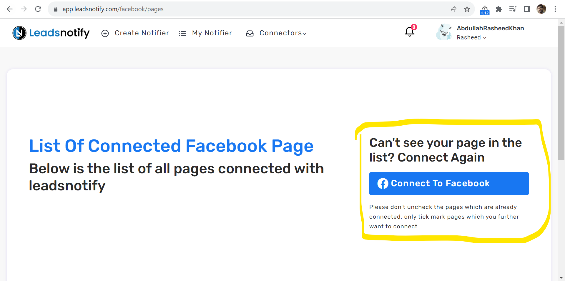 Screenshot showing the 'Connect to Facebook' button that redirects to the Facebook authentication page.