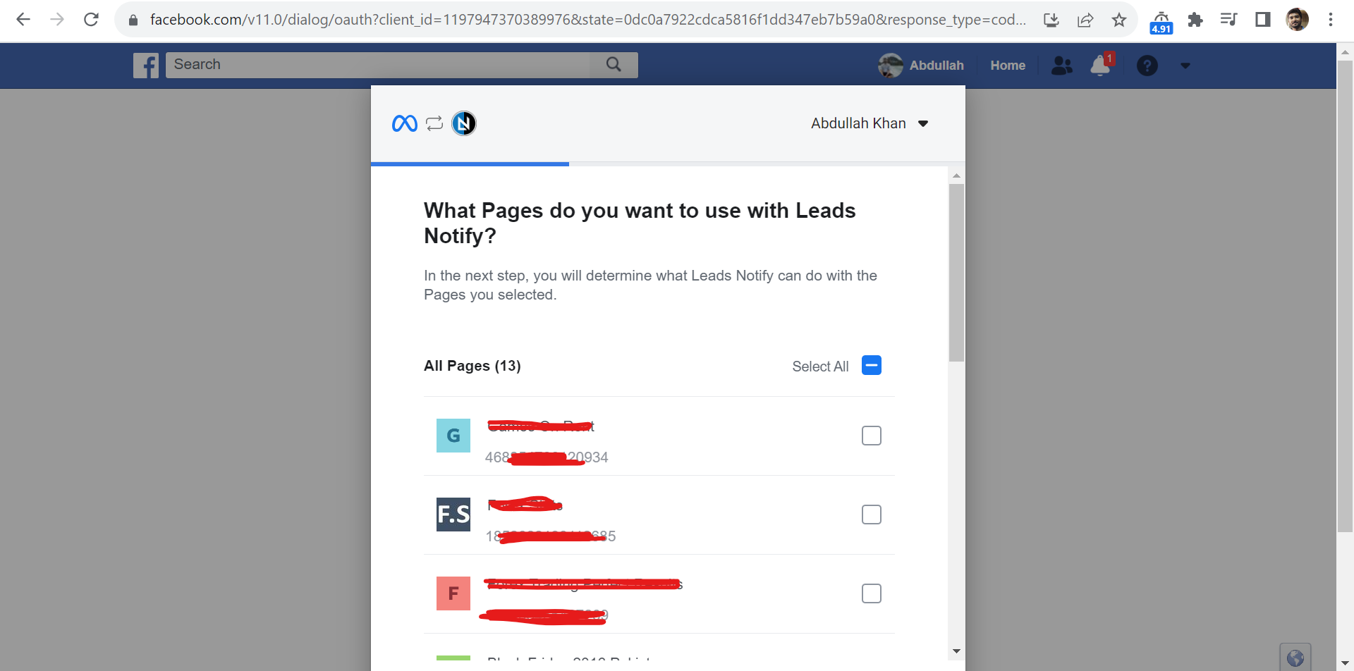 Facebook popup displaying a list of Facebook pages for selection to connect with the app.