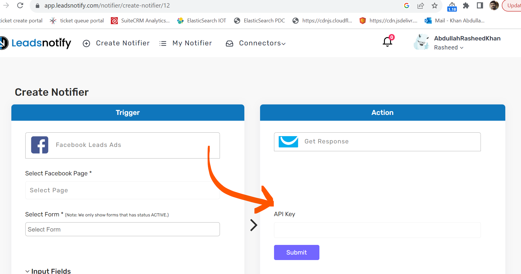 Enter GetResponse API key in Leadsnotify