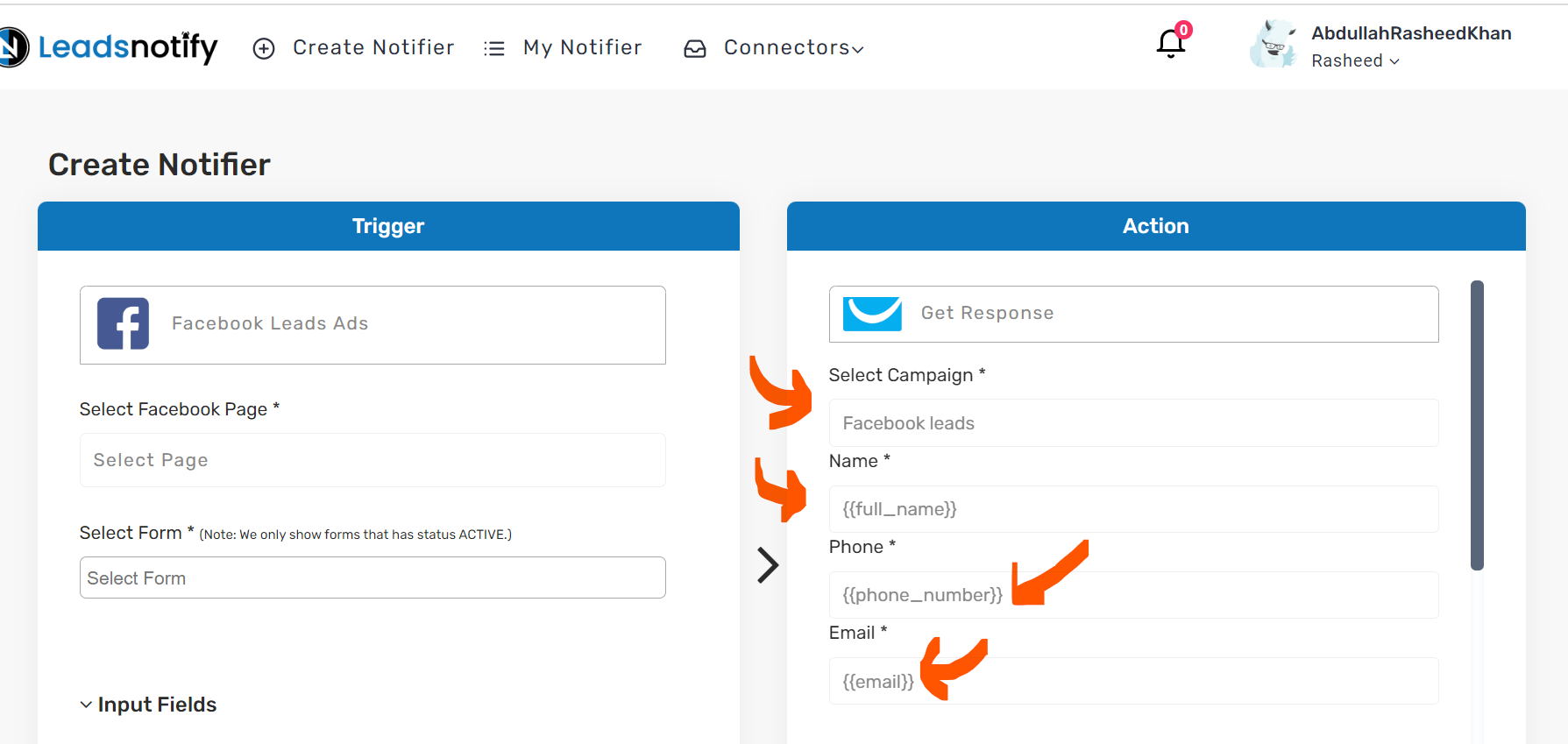 Map fields for Facebook pages instant form with Leadsnotify Getresponse integration