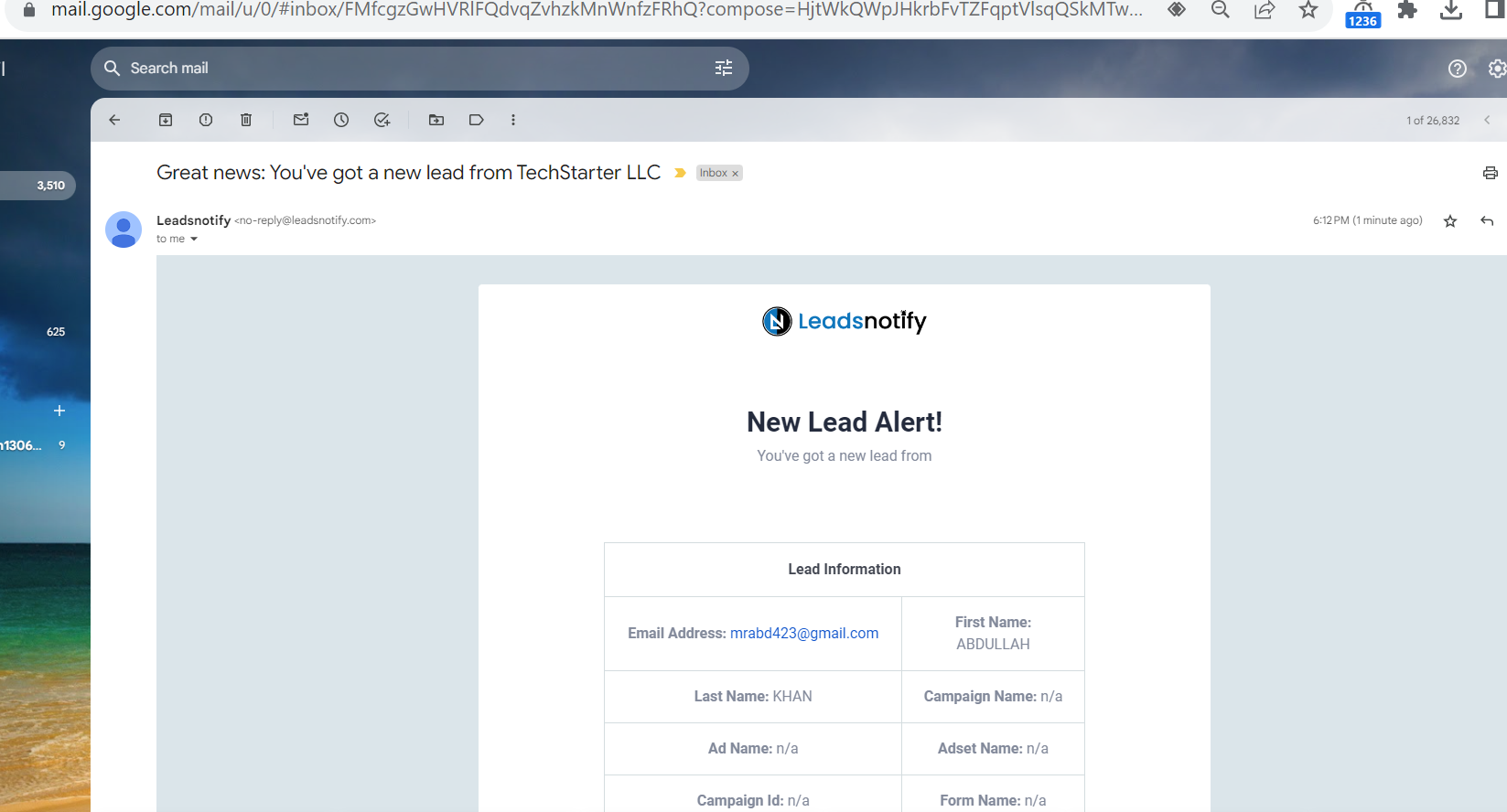 LinkedIn lead alert in Email via Leadsnotify
