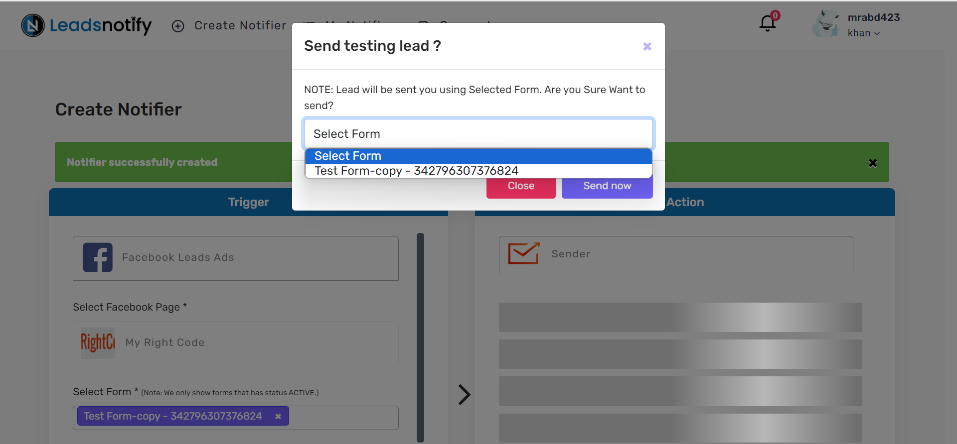 Select Facebook instant form to send test lead