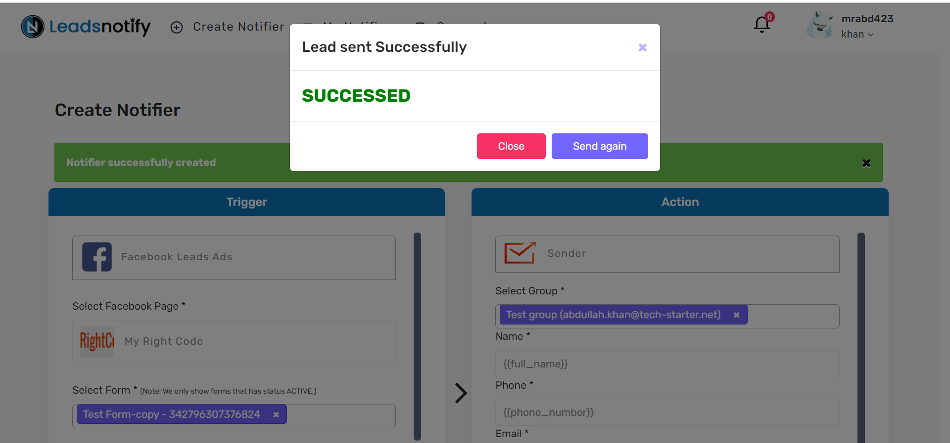 Leadsnotify success response