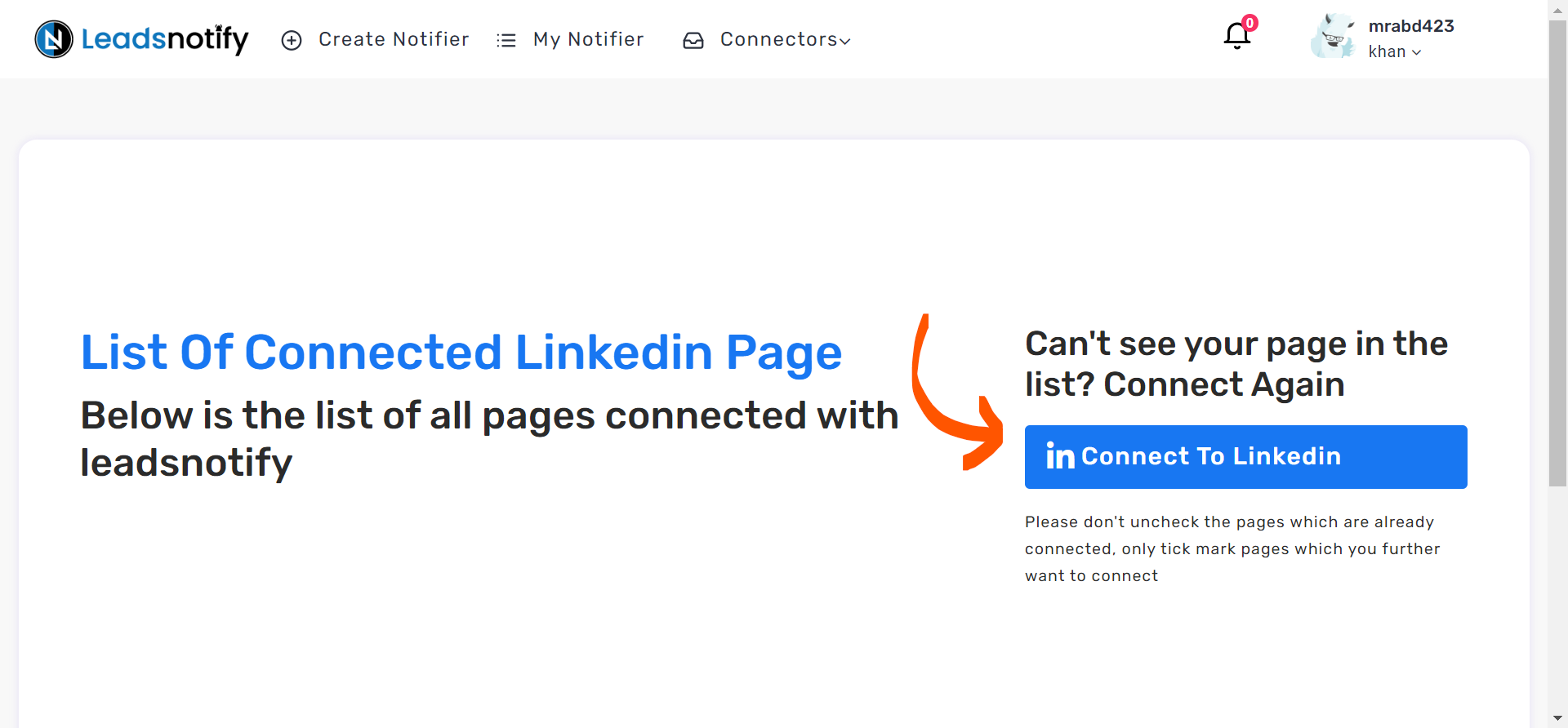 Connection page Leadsnotify & LinkedIn