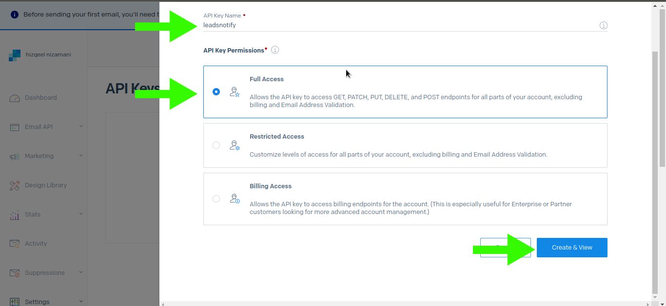 Create sendgrid api key with full access