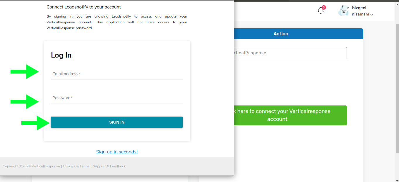 Allow VerticalResponse Access to Leadsnotify