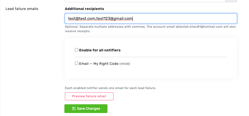 Lead failure email settings in a LeadsNotify profile