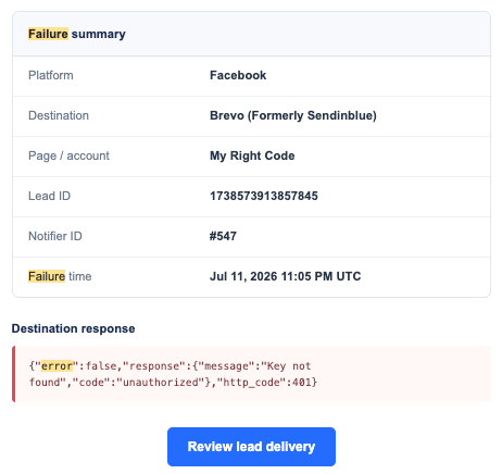 Example LeadsNotify lead delivery failure email
