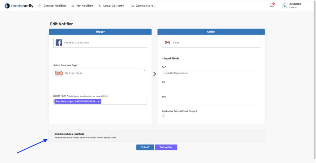 Email me when a lead fails option in a LeadsNotify notifier