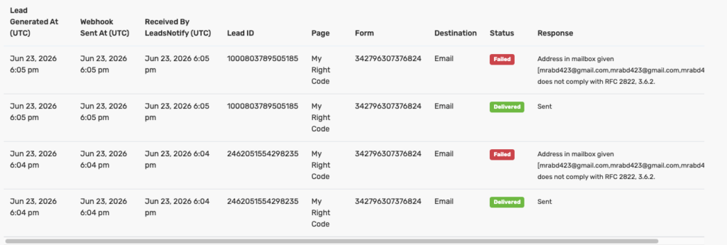 Facebook lead delivery status showing delivered and failed CRM delivery results