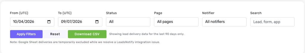 Lead Delivery dashboard filters for date range, status, Facebook page, notifier, and search