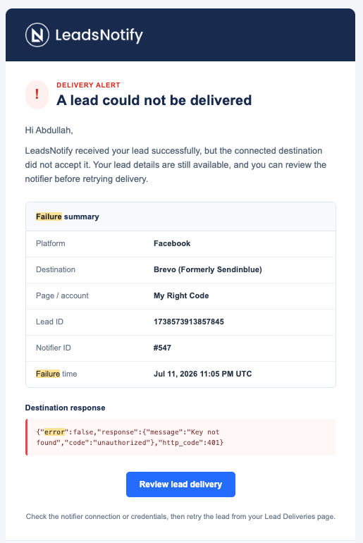 LeadsNotify sends an instant email when a lead cannot be delivered
