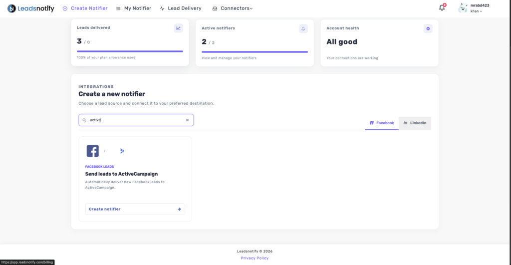 ActiveCampaign integration in the LeadsNotify dashboard