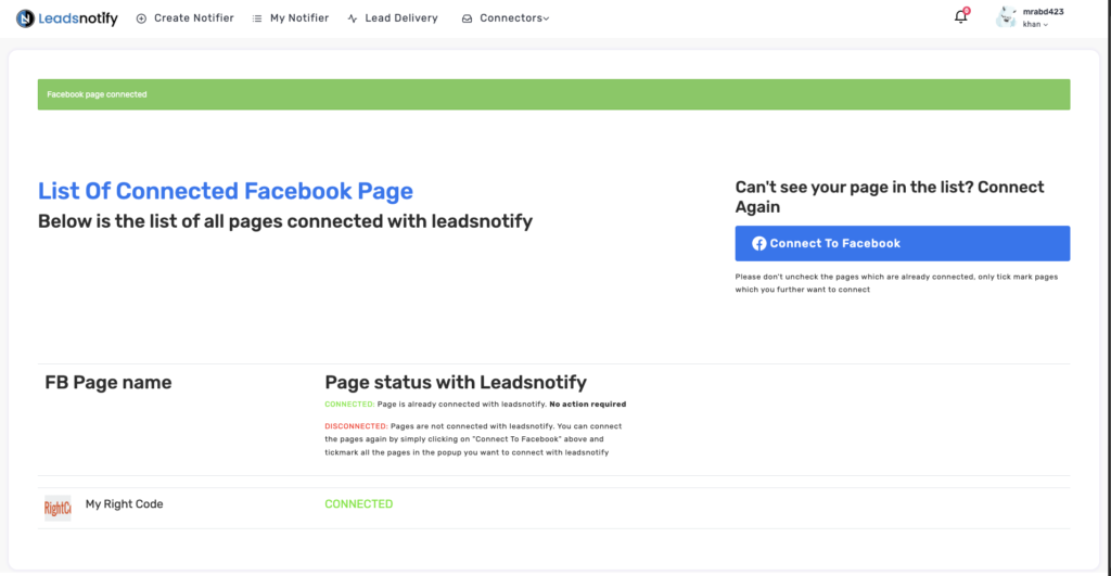 Connected Facebook Page in the LeadsNotify dashboard