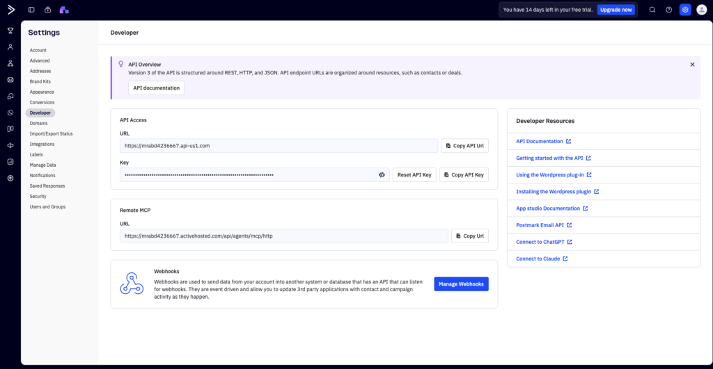 ActiveCampaign Developer settings showing the API URL and hidden API key
