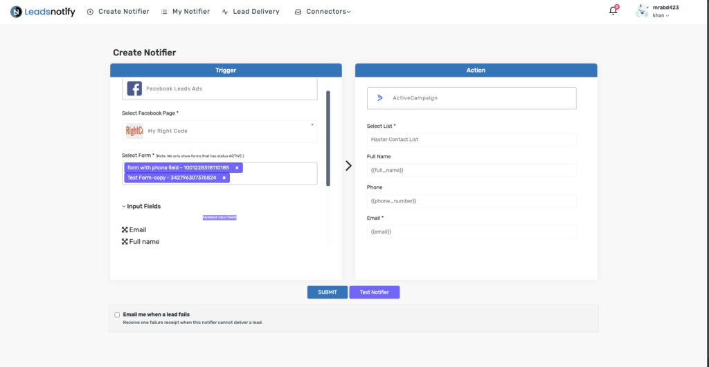 Selecting an ActiveCampaign list and mapping Facebook lead fields in LeadsNotify
