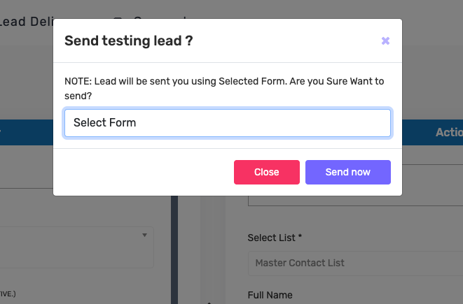 Selecting a Facebook form before sending an ActiveCampaign test lead