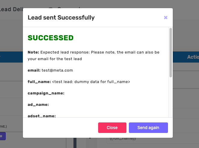 Successful ActiveCampaign test lead confirmation in LeadsNotify