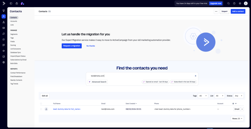 Test Facebook lead synchronized to the selected ActiveCampaign list