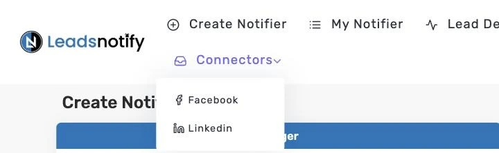 Connectors menu in LeadsNotify with Facebook and Linkedin options