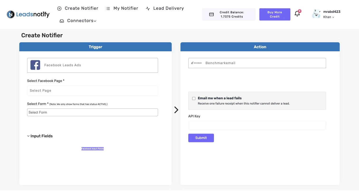 Benchmark Email notifier in LeadsNotify with the API Key field in the Action panel