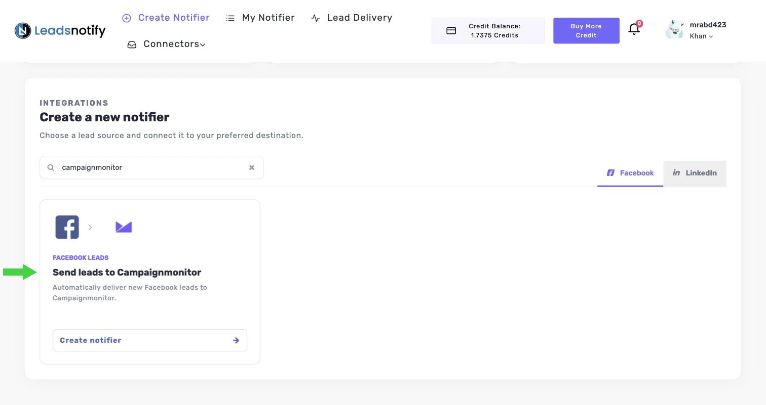 Searching for the Campaign Monitor integration on the Facebook tab in LeadsNotify