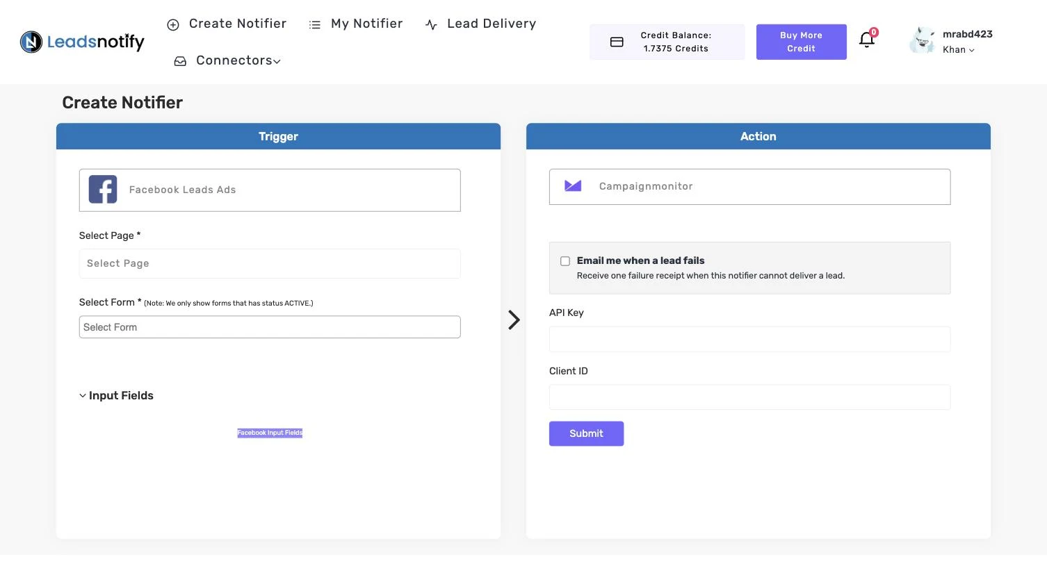 Campaign Monitor notifier in LeadsNotify with the API Key and Client ID fields in the Action panel