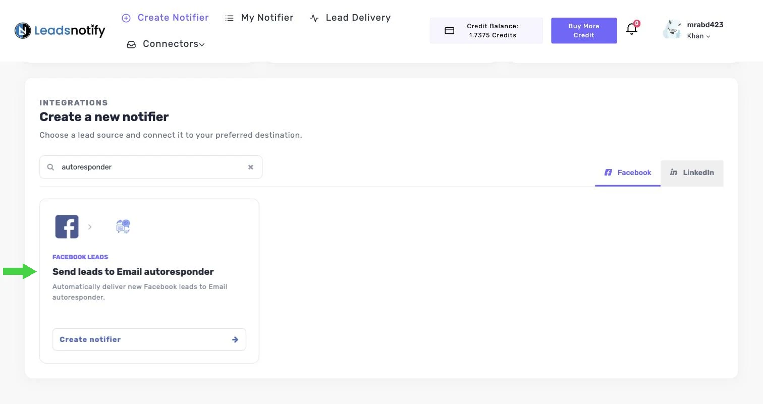 Searching for the Email autoresponder integration on the Facebook tab in LeadsNotify