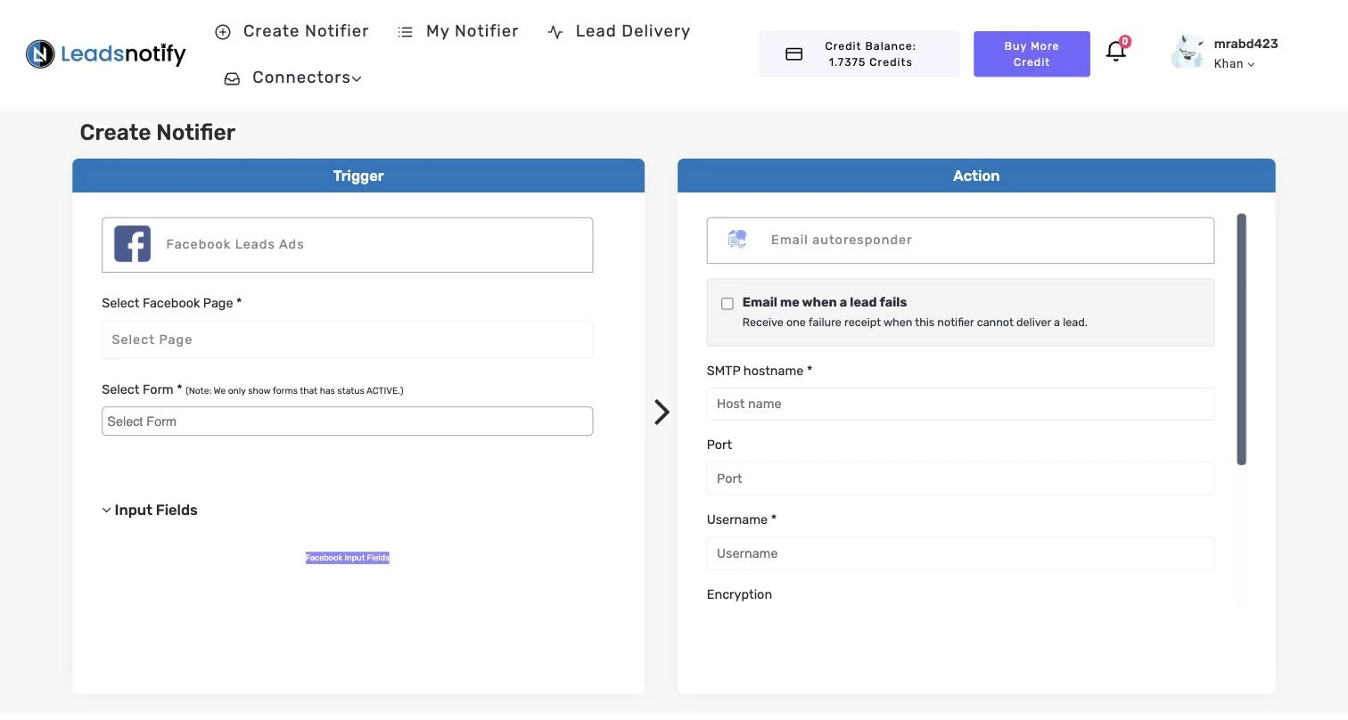 Email autoresponder notifier in LeadsNotify showing the SMTP hostname, Port and Username fields