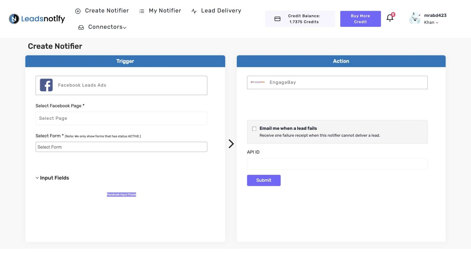 EngageBay notifier in LeadsNotify with the API ID field in the Action panel