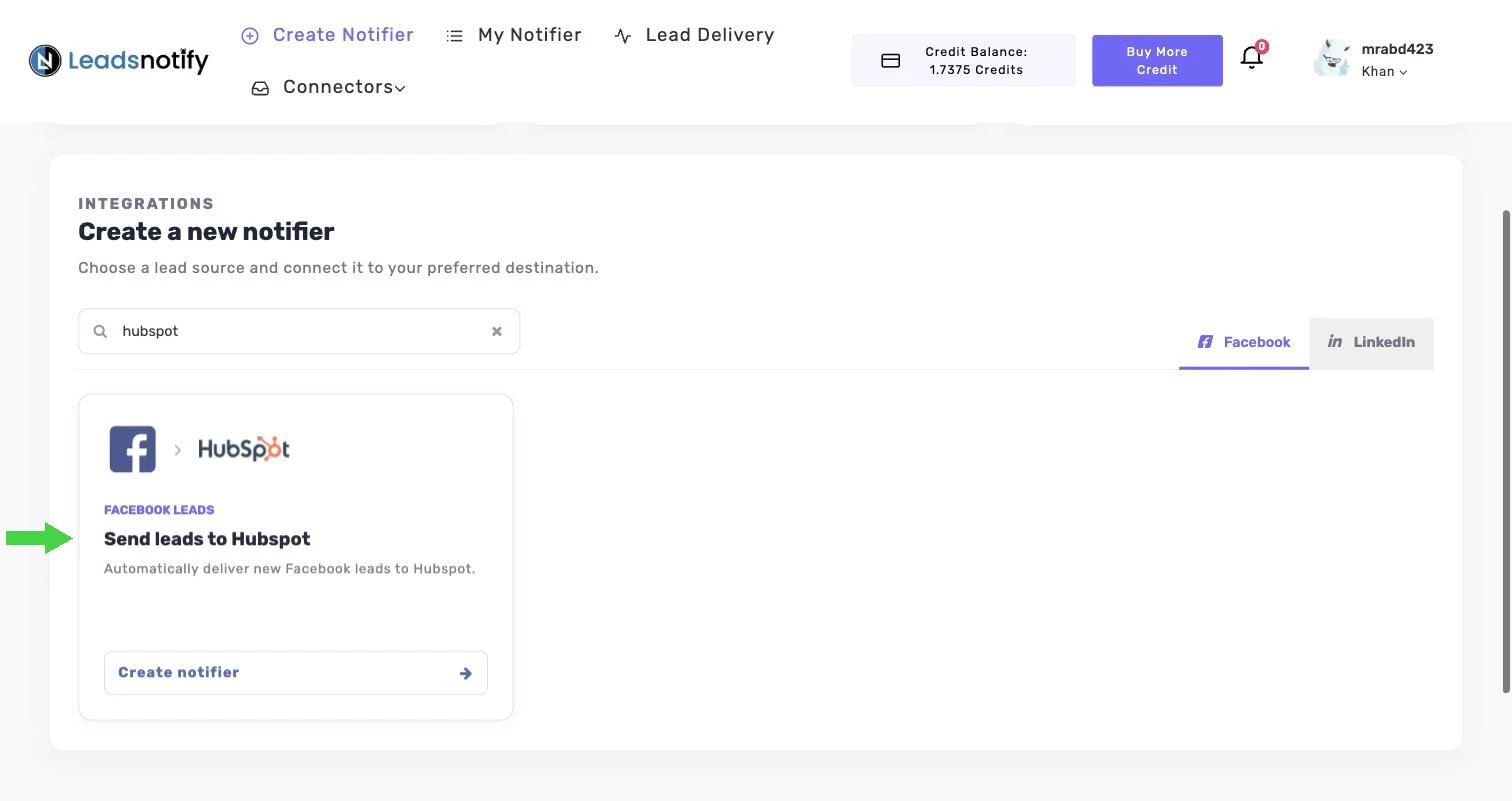 Searching for the HubSpot integration on the Facebook tab in LeadsNotify