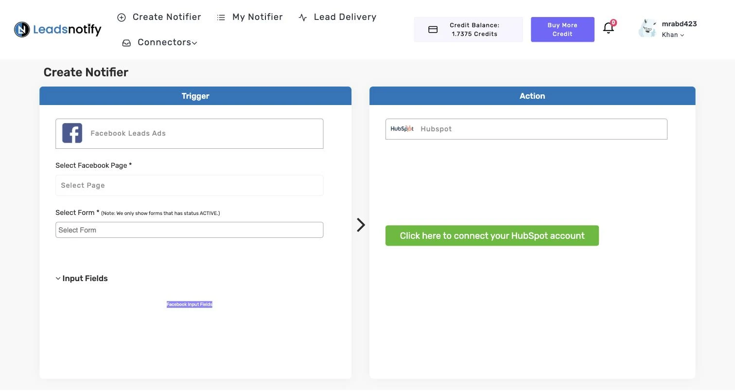 HubSpot notifier in LeadsNotify with the connect button in the Action panel