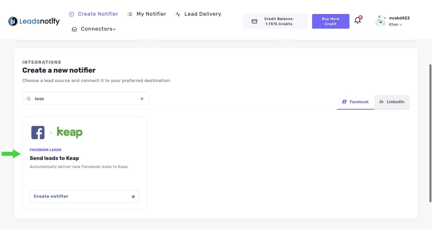 Searching for the Keap integration on the Facebook tab in LeadsNotify