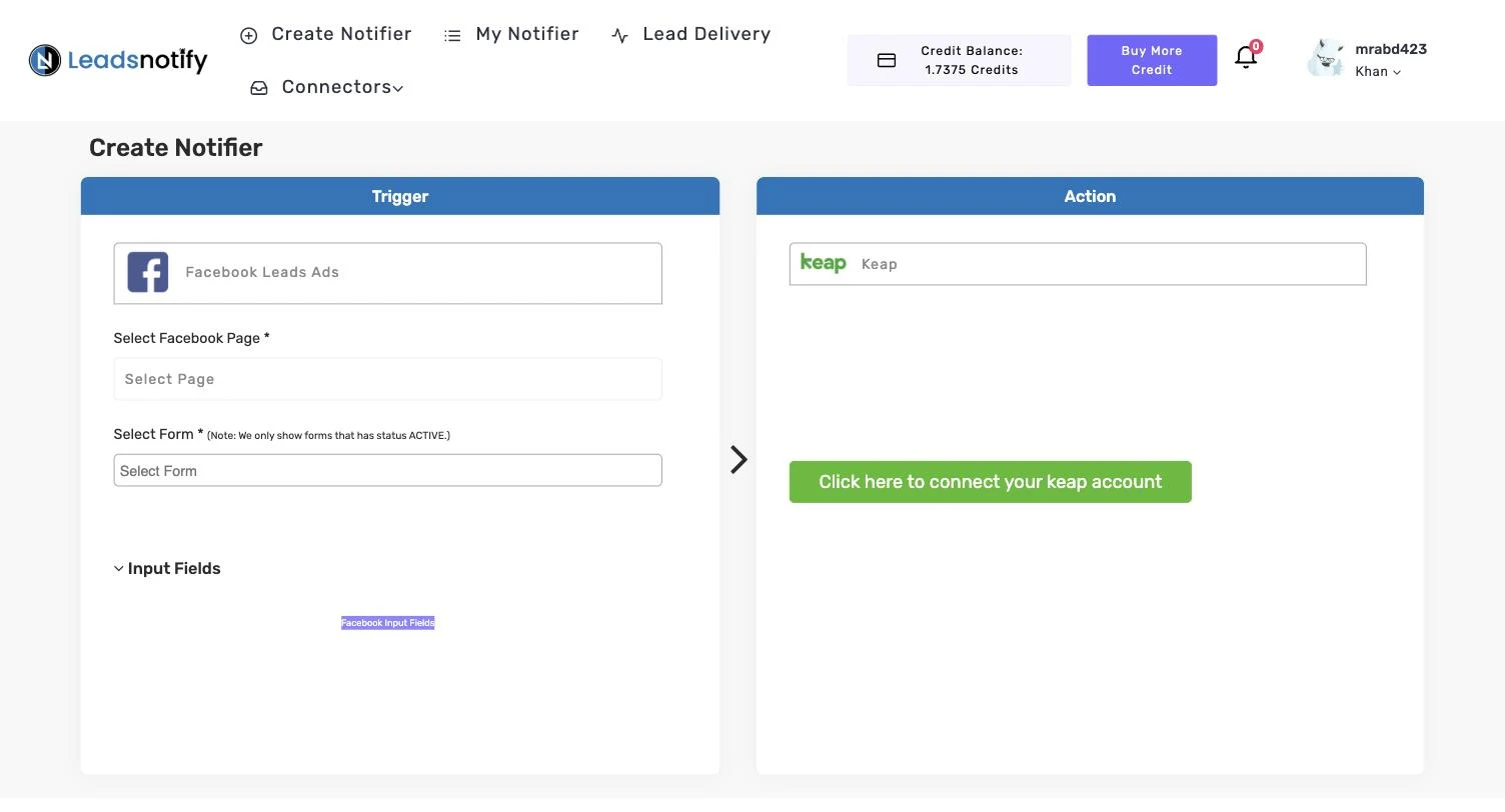 Keap notifier in LeadsNotify with the connect button in the Action panel