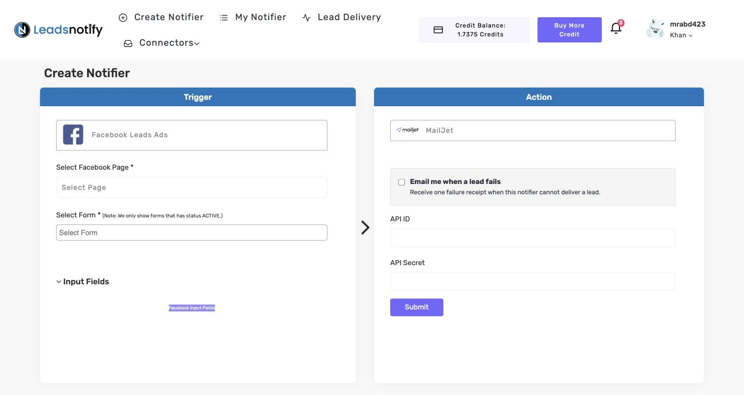 Mailjet notifier in LeadsNotify with the API ID and API Secret fields in the Action panel