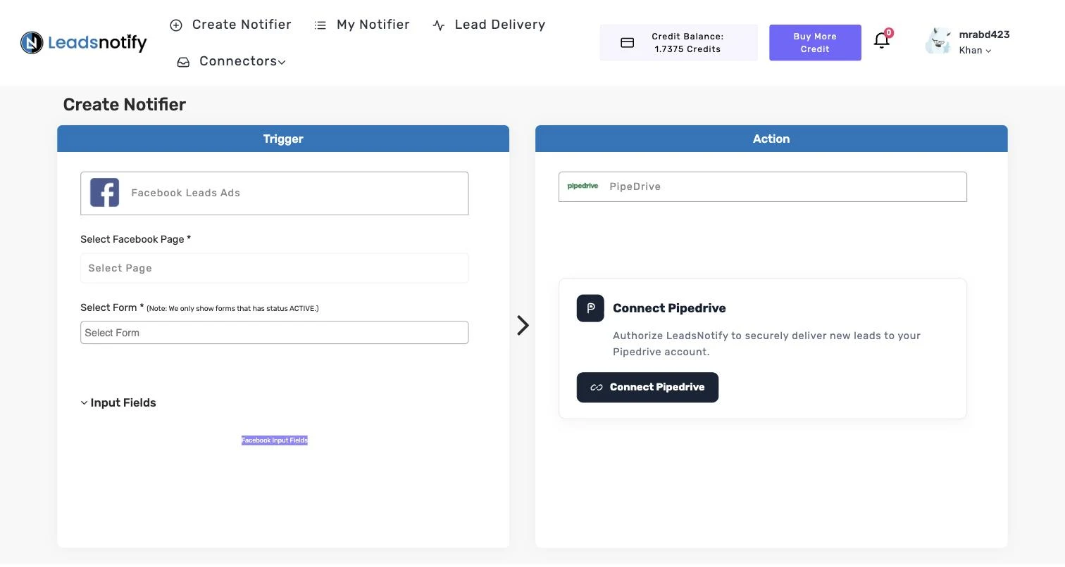 Pipedrive notifier in LeadsNotify with the connect button in the Action panel