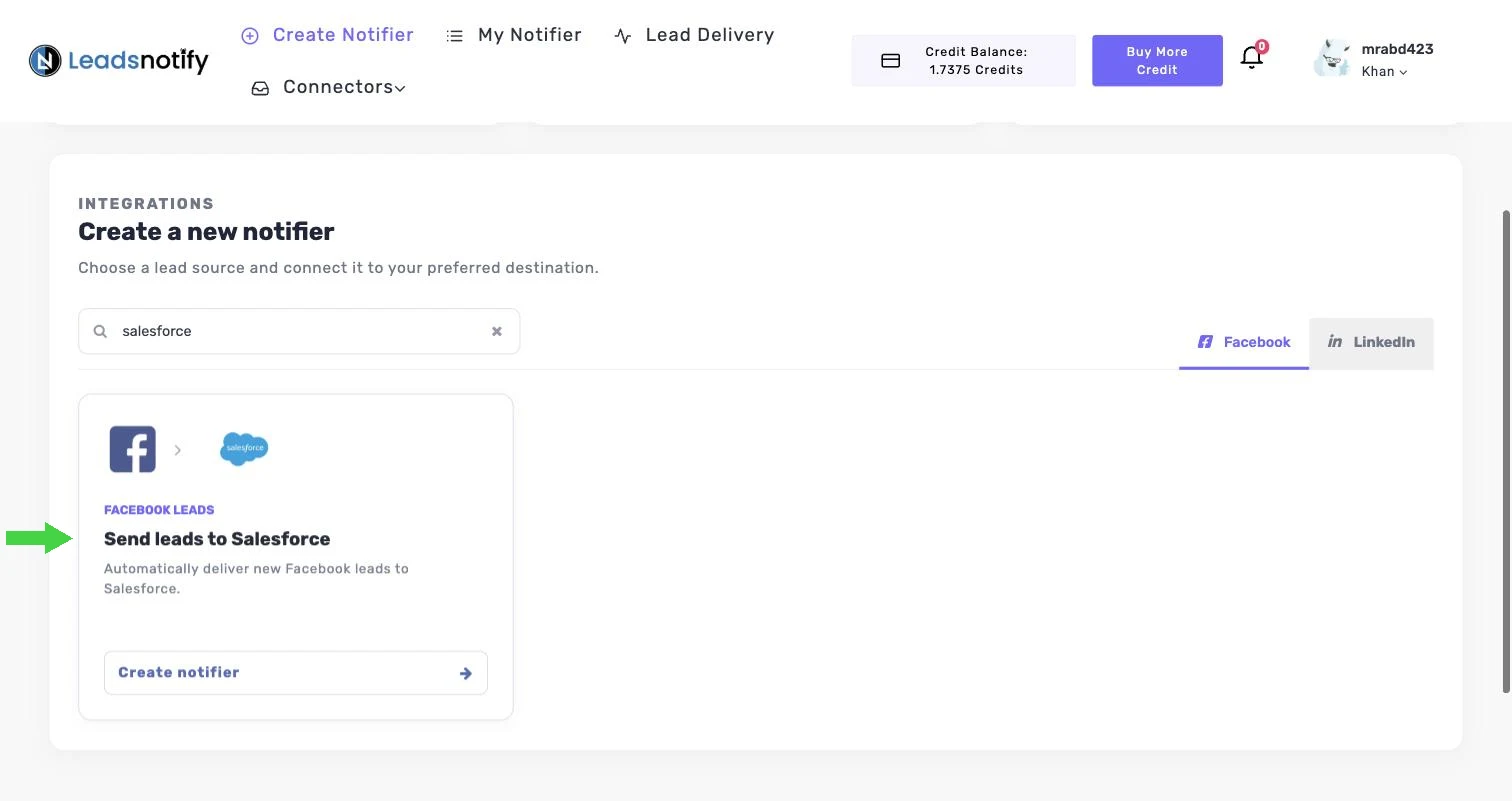 Searching for the Salesforce integration on the Facebook tab in LeadsNotify