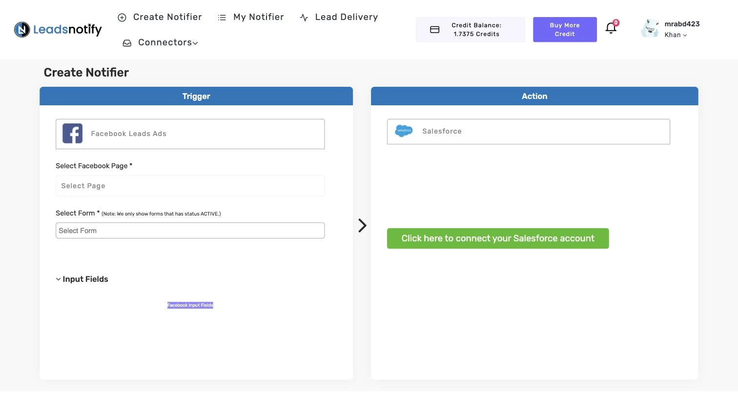 Salesforce notifier in LeadsNotify with the connect button in the Action panel