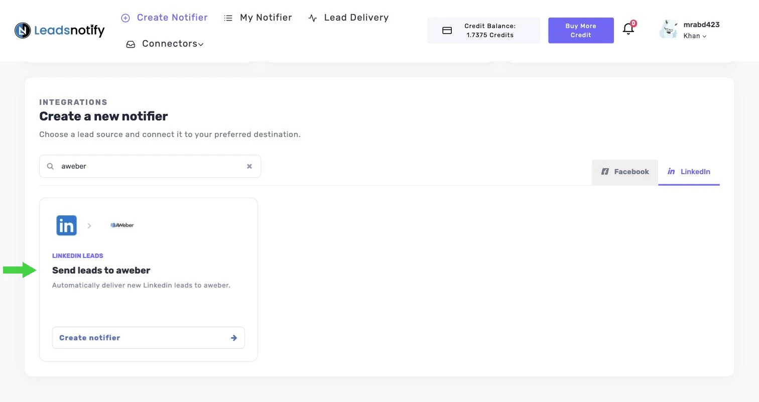 Searching for the AWeber integration on the LinkedIn tab in LeadsNotify