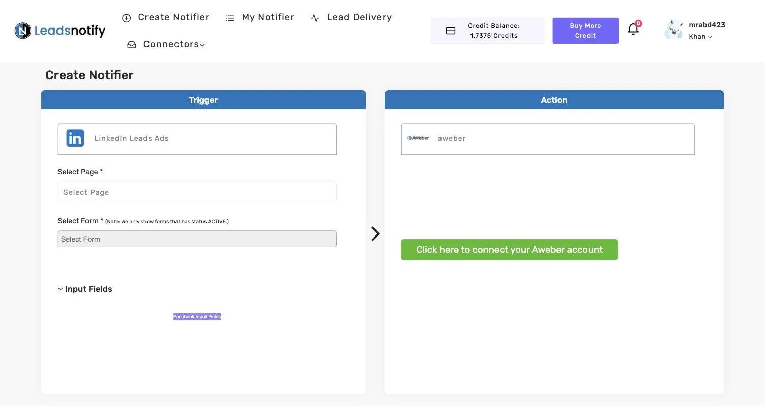 AWeber notifier in LeadsNotify with the connect button in the Action panel
