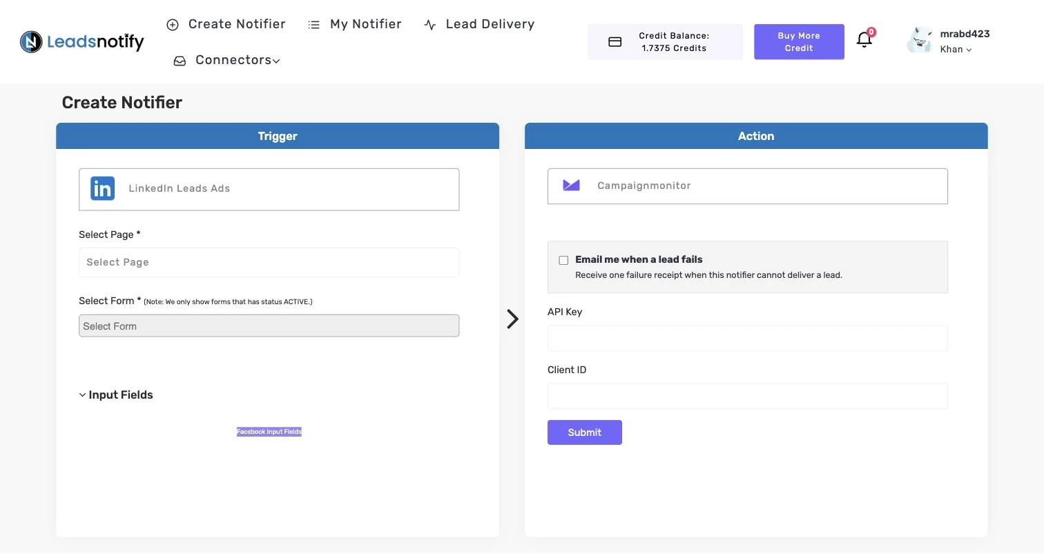 Campaign Monitor notifier in LeadsNotify with the API Key and Client ID fields in the Action panel