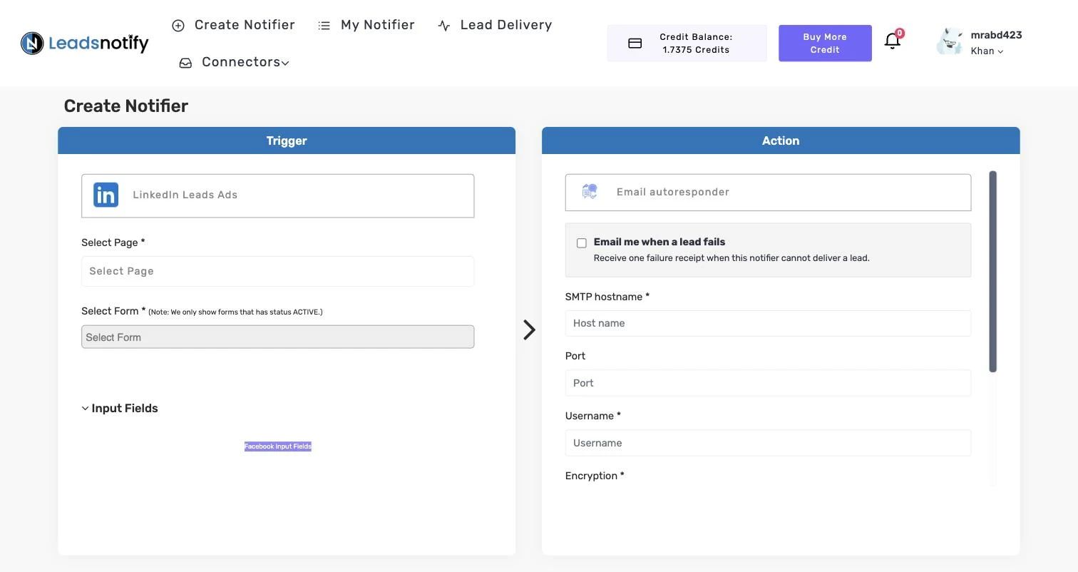 Email autoresponder notifier in LeadsNotify showing the SMTP hostname, Port and Username fields