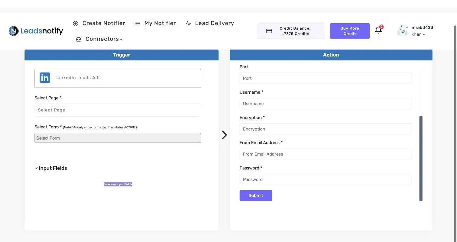 Encryption, From Email Address and Password fields of the LeadsNotify email autoresponder