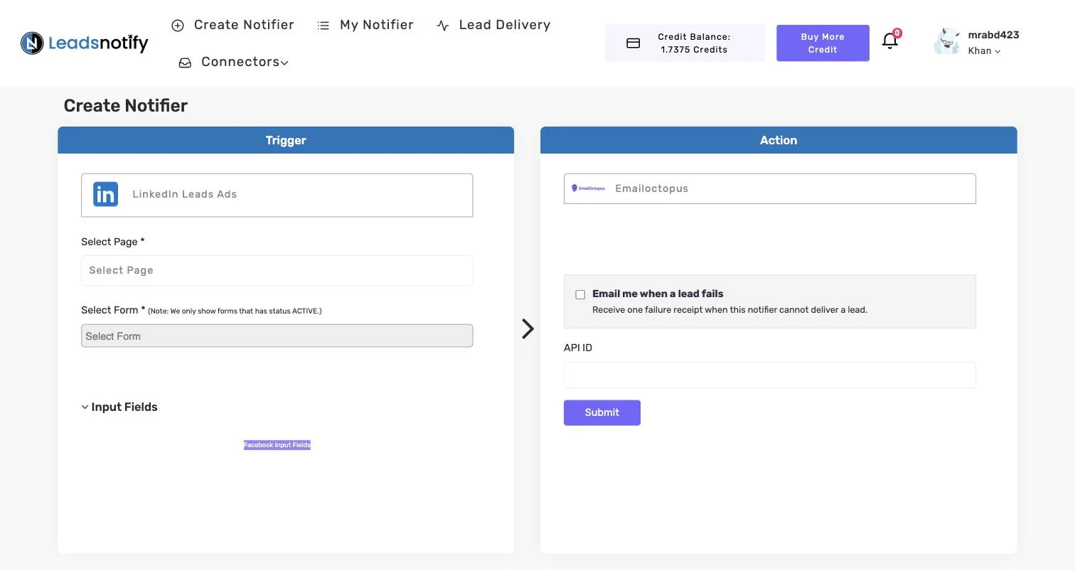 EmailOctopus notifier in LeadsNotify with the API ID field in the Action panel