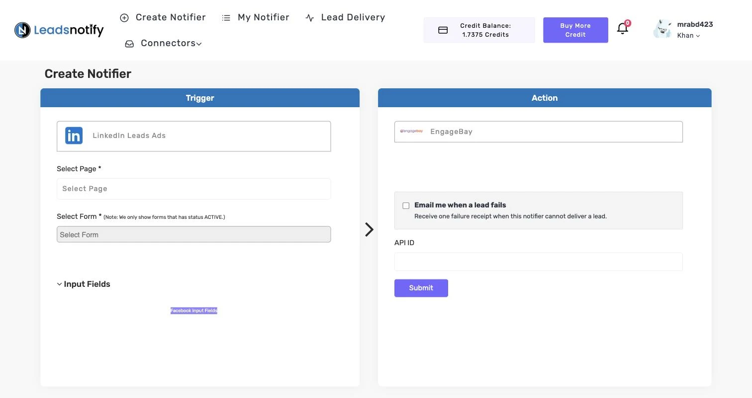 EngageBay notifier in LeadsNotify with the API ID field in the Action panel